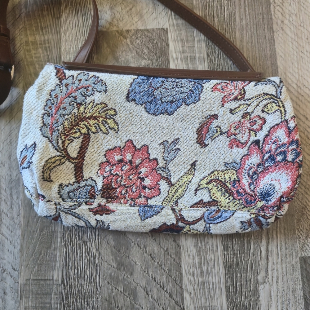 COLAB Floral Tapestry Brown Vegan Leather Crossbody Bag Envelope Clutch Purse - Picture 2 of 14